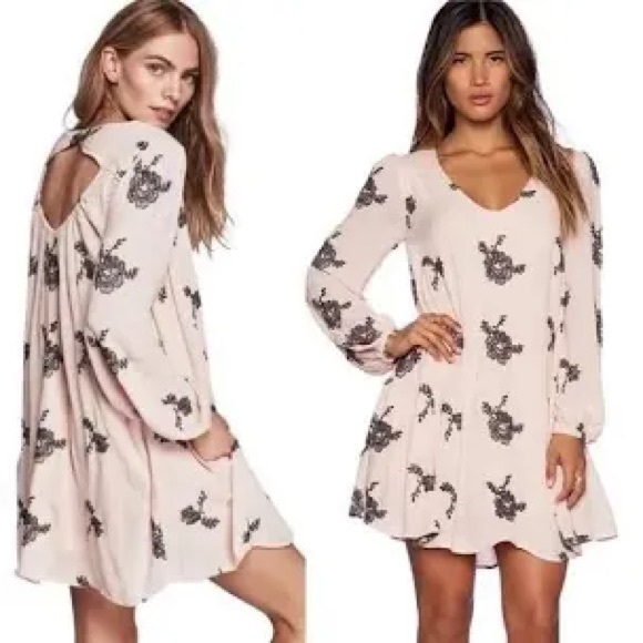 Free People Embroidered Mini Dress S Pink Long Sleeve Elastic V Neck Key Hole, - Picture 2 of 6